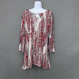 JM Collection Red Beige Print Embellished Shark Bite Hem Blouse